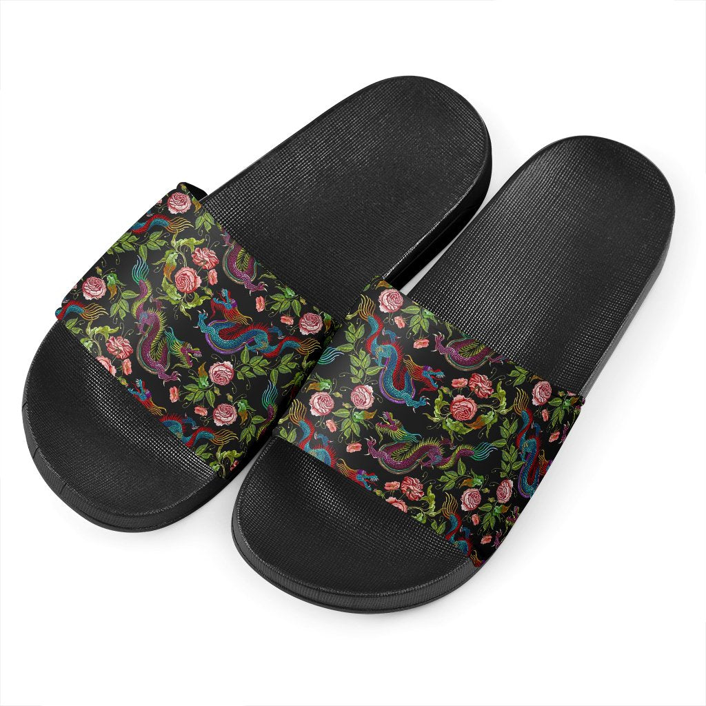 Chinese Dragon Flower Pattern Print Black Slide Sandals