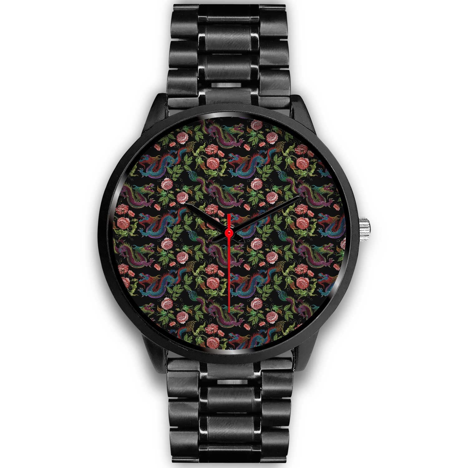 Chinese Dragon Flower Pattern Print Black Watch