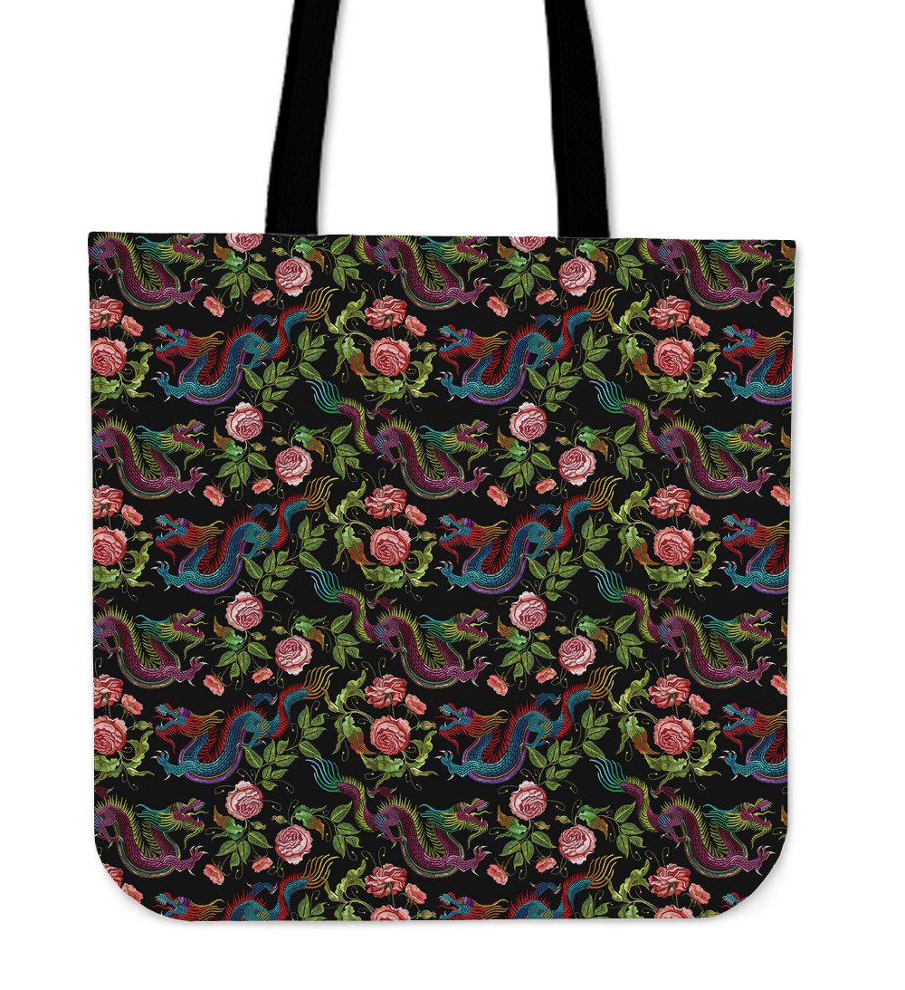 Chinese Dragon Flower Pattern Print Canvas Tote Bag