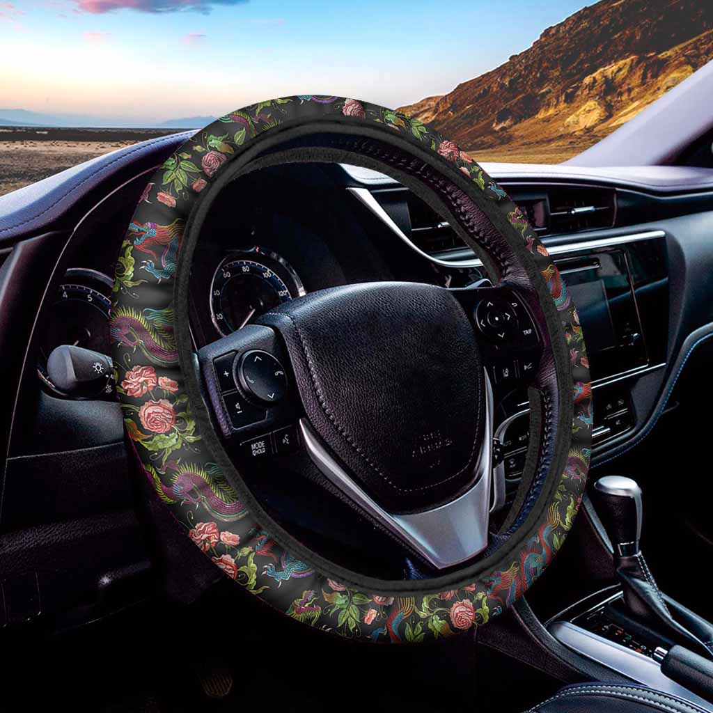 Chinese Dragon Flower Pattern Print Car Steering Wheel Cover