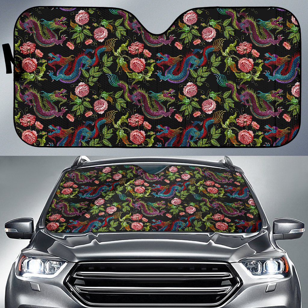 Chinese Dragon Flower Pattern Print Car Sun Shade