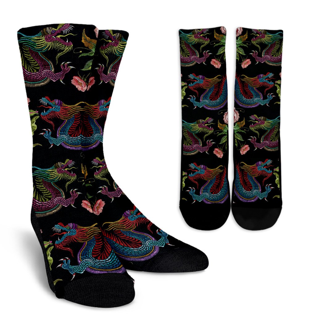 Chinese Dragon Flower Pattern Print Crew Socks