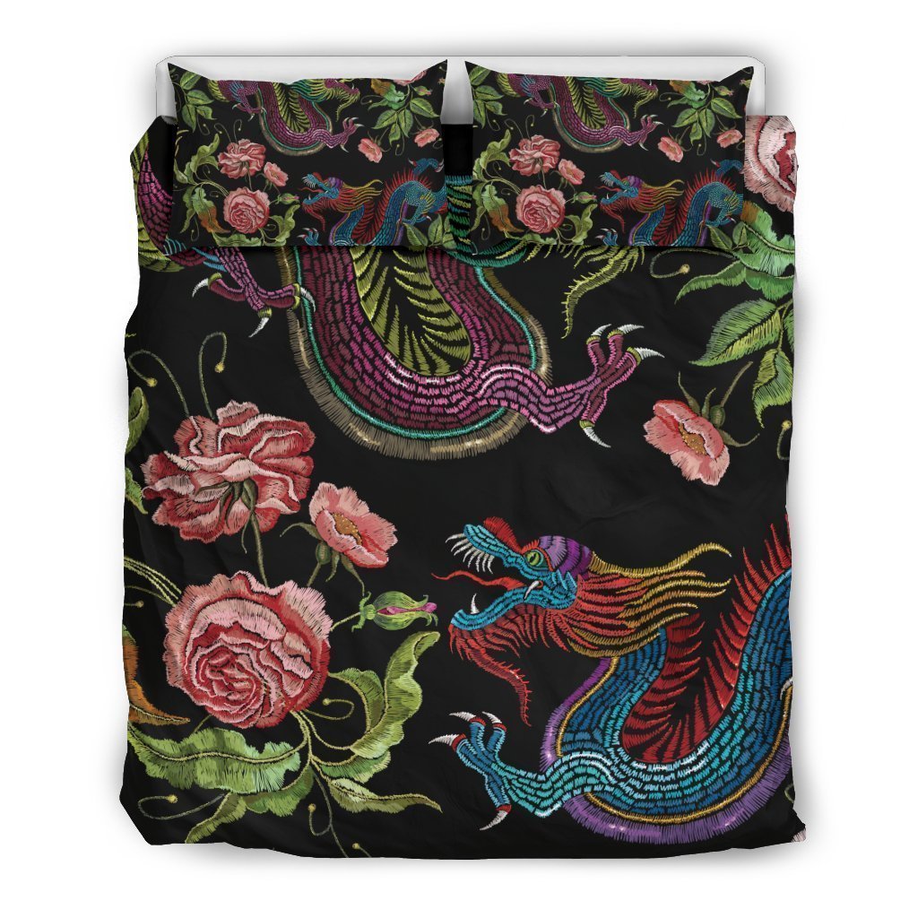 Chinese Dragon Flower Pattern Print Duvet Cover Bedding Set