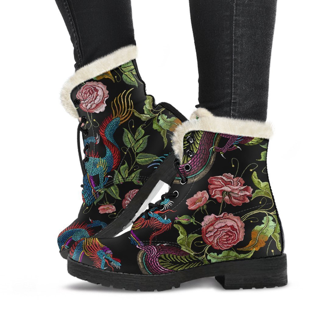 Chinese Dragon Flower Pattern Print Faux Fur Leather Boots