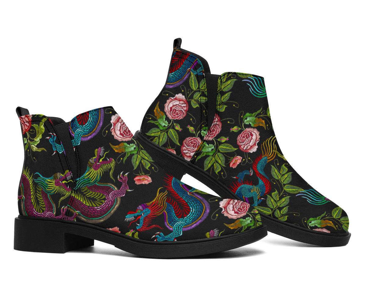 Chinese Dragon Flower Pattern Print Flat Ankle Boots