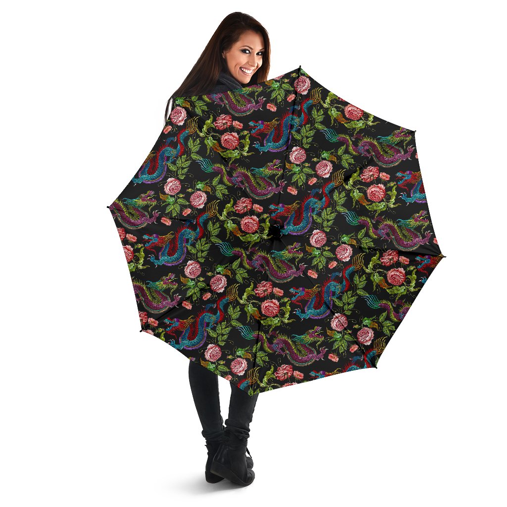 Chinese Dragon Flower Pattern Print Foldable Umbrella