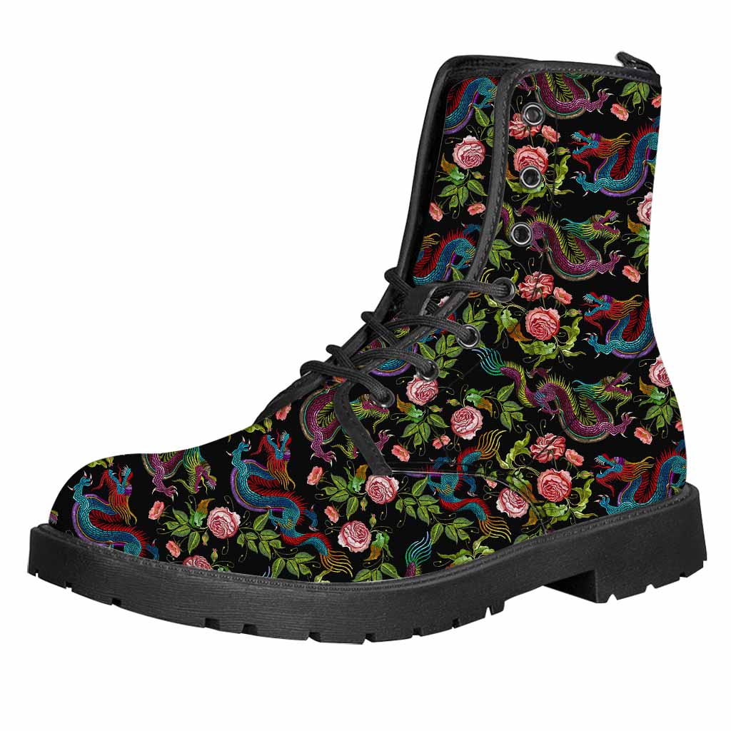 Chinese Dragon Flower Pattern Print Leather Boots