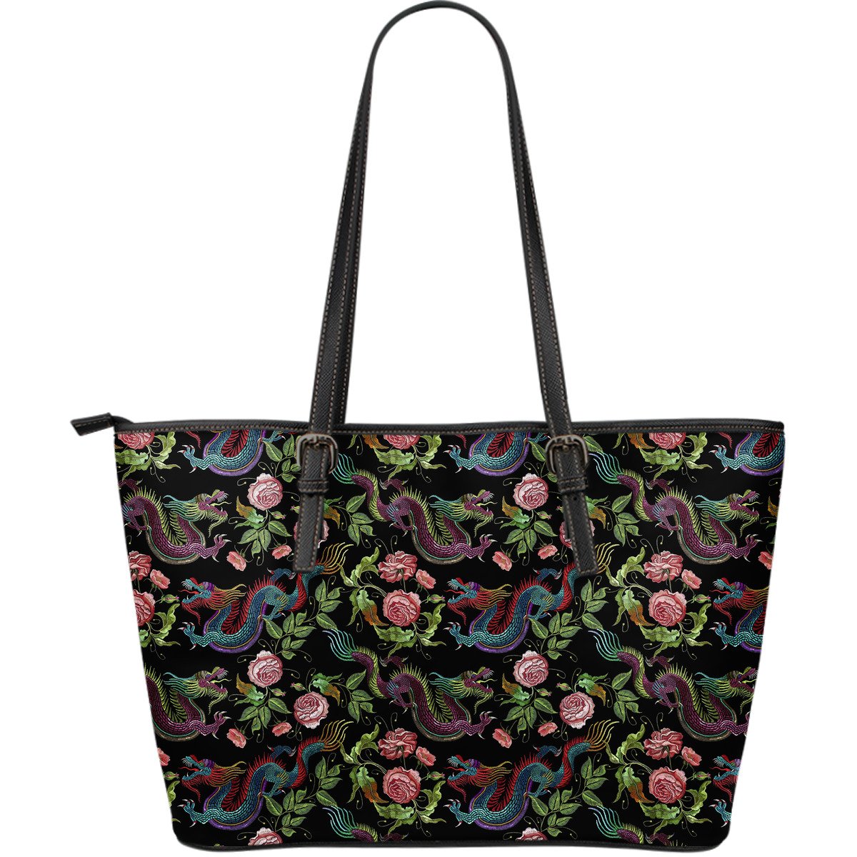 Chinese Dragon Flower Pattern Print Leather Tote Bag