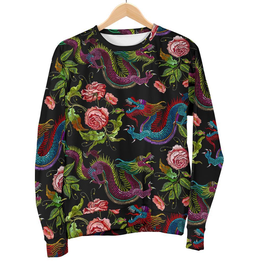 Chinese Dragon Flower Pattern Print Men's Crewneck Sweatshirt