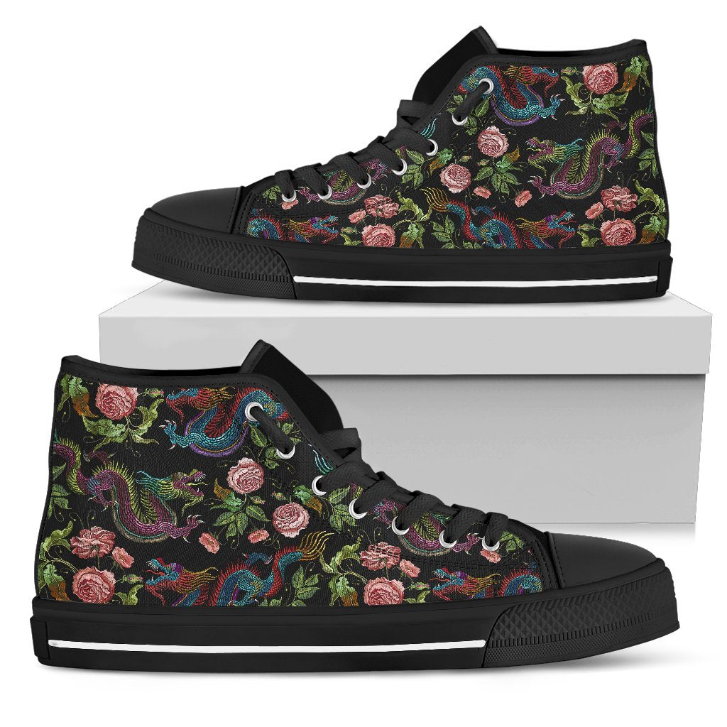 Chinese Dragon Flower Pattern Print Men's High Top Shoes