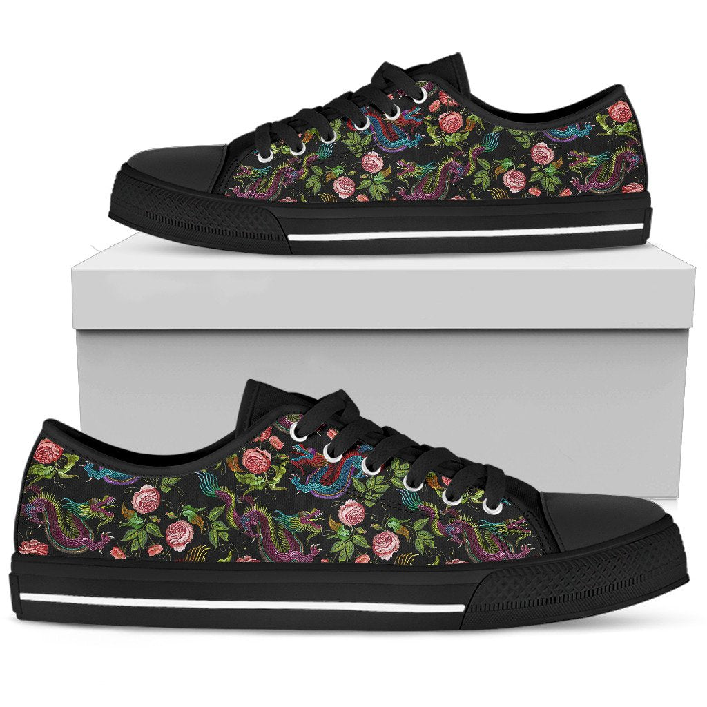 Chinese Dragon Flower Pattern Print Men's Low Top Shoes