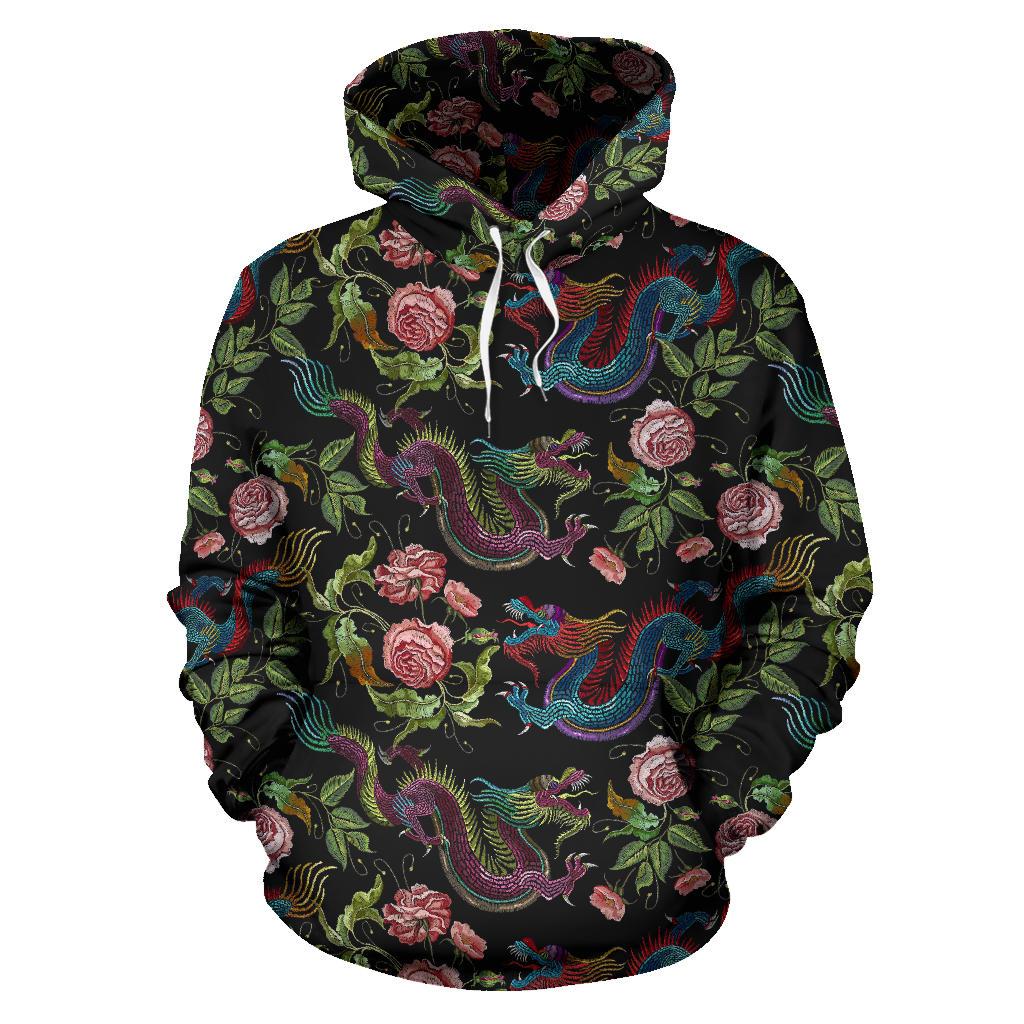 Chinese Dragon Flower Pattern Print Pullover Hoodie