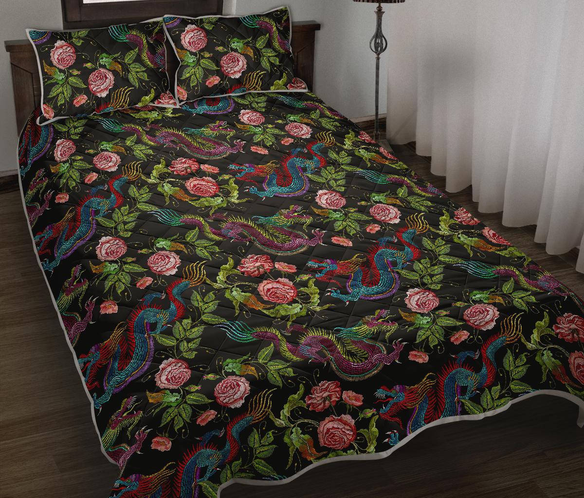 Chinese Dragon Flower Pattern Print Quilt Bed Set