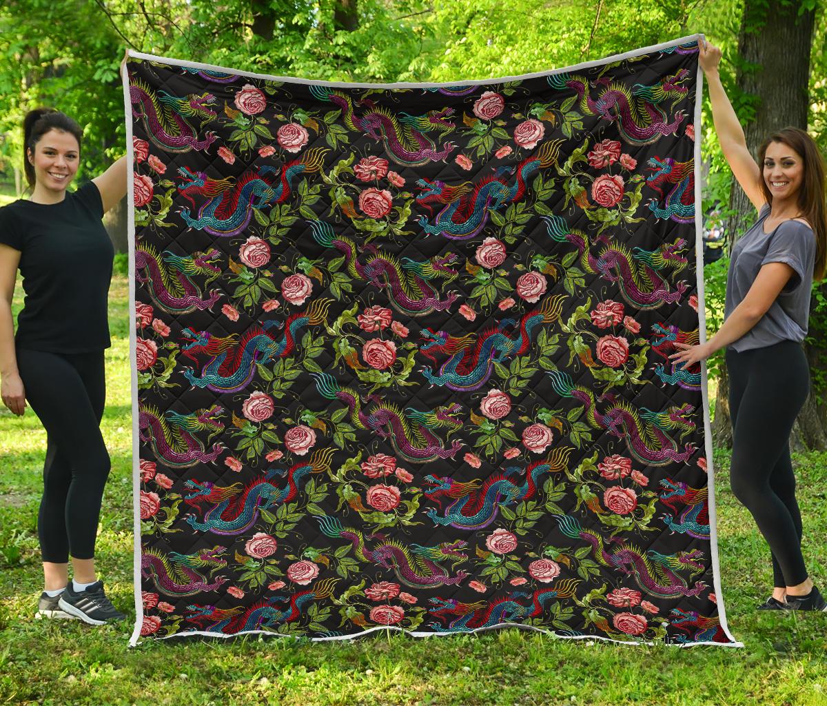 Chinese Dragon Flower Pattern Print Quilt