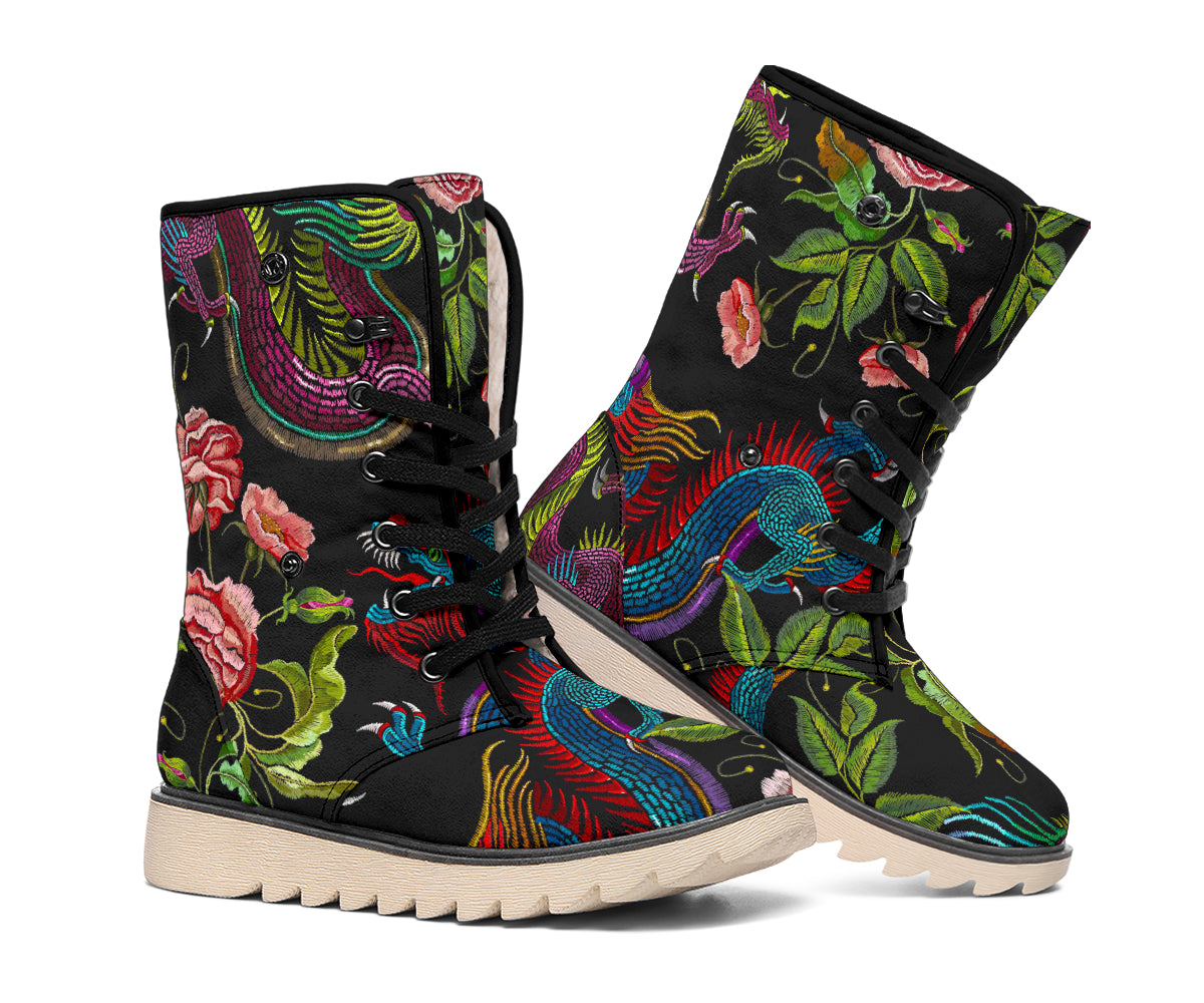 Chinese Dragon Flower Pattern Print Winter Boots