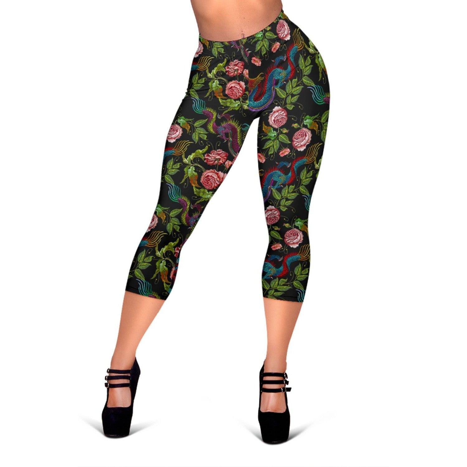 Chinese Dragon Flower Pattern Print Women's Capri Leggings