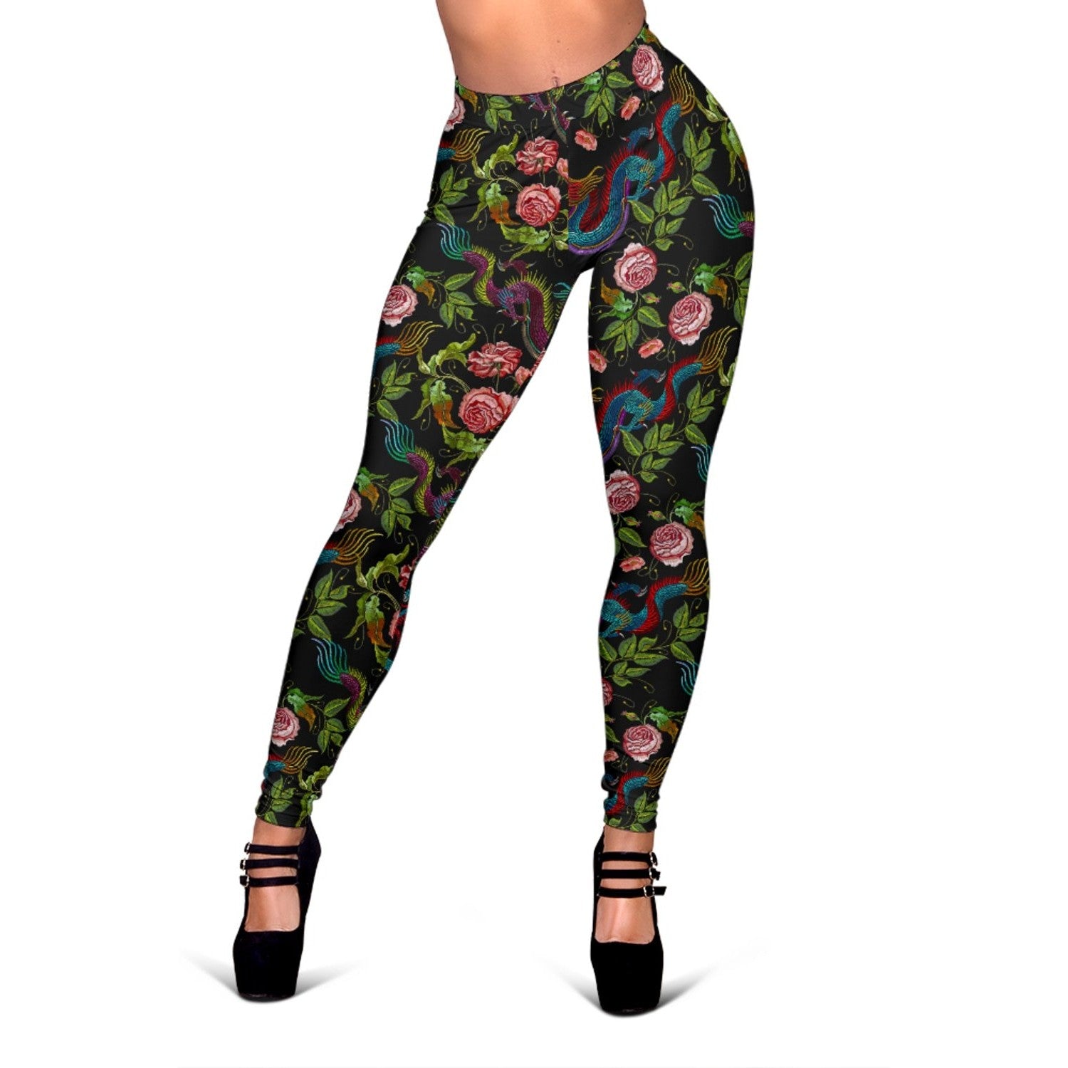 Chinese Dragon Flower Pattern Print Women's Leggings