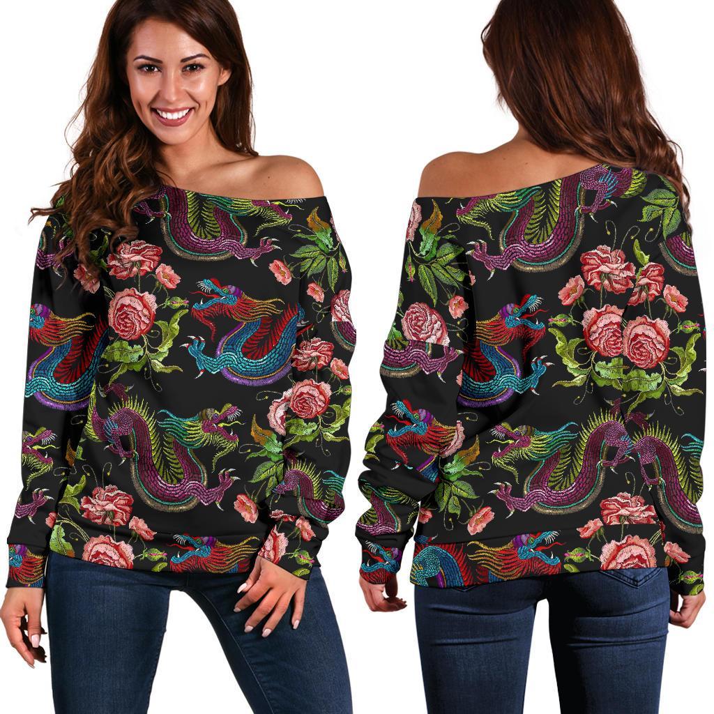 Chinese Dragon Flower Pattern Print Women's Off-Shoulder Sweatshirt