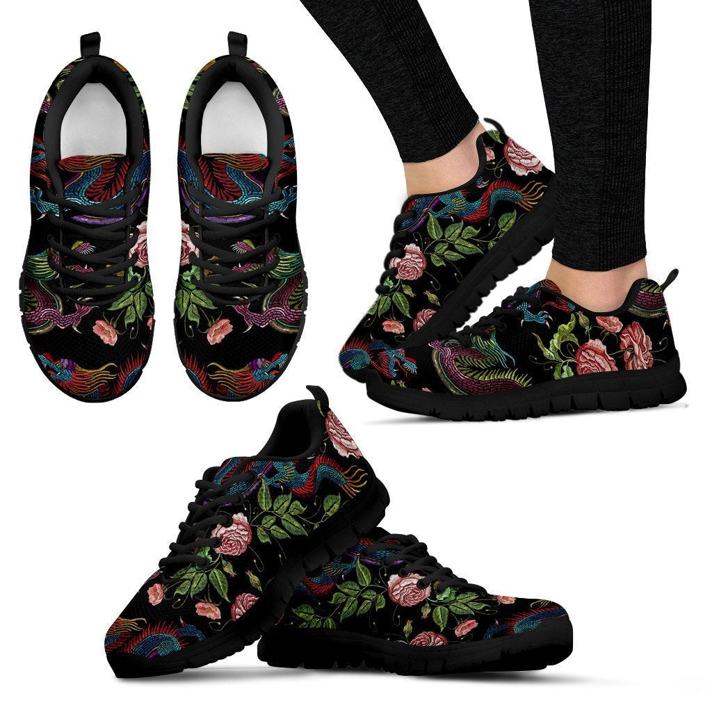 Chinese Dragon Flower Pattern Print Women's Sneakers