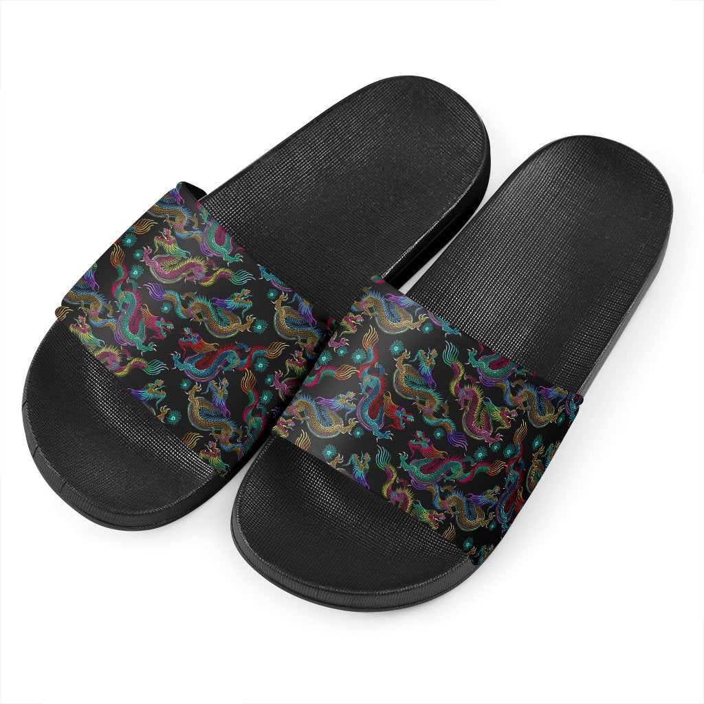 Chinese Dragon Pattern Print Black Slide Sandals