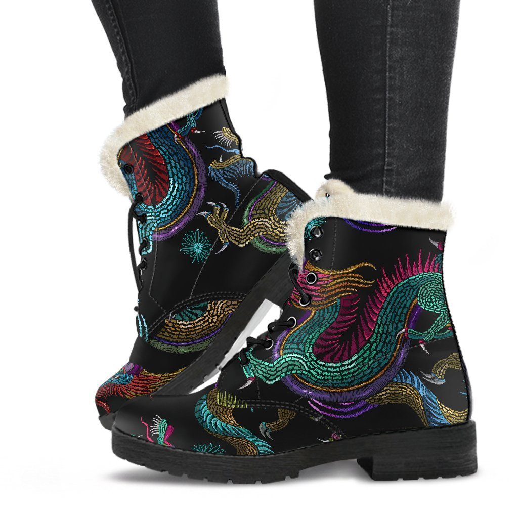 Chinese Dragon Pattern Print Faux Fur Leather Boots