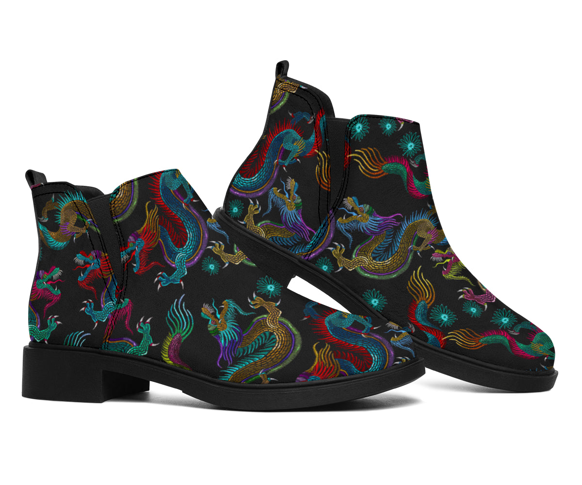 Chinese Dragon Pattern Print Flat Ankle Boots