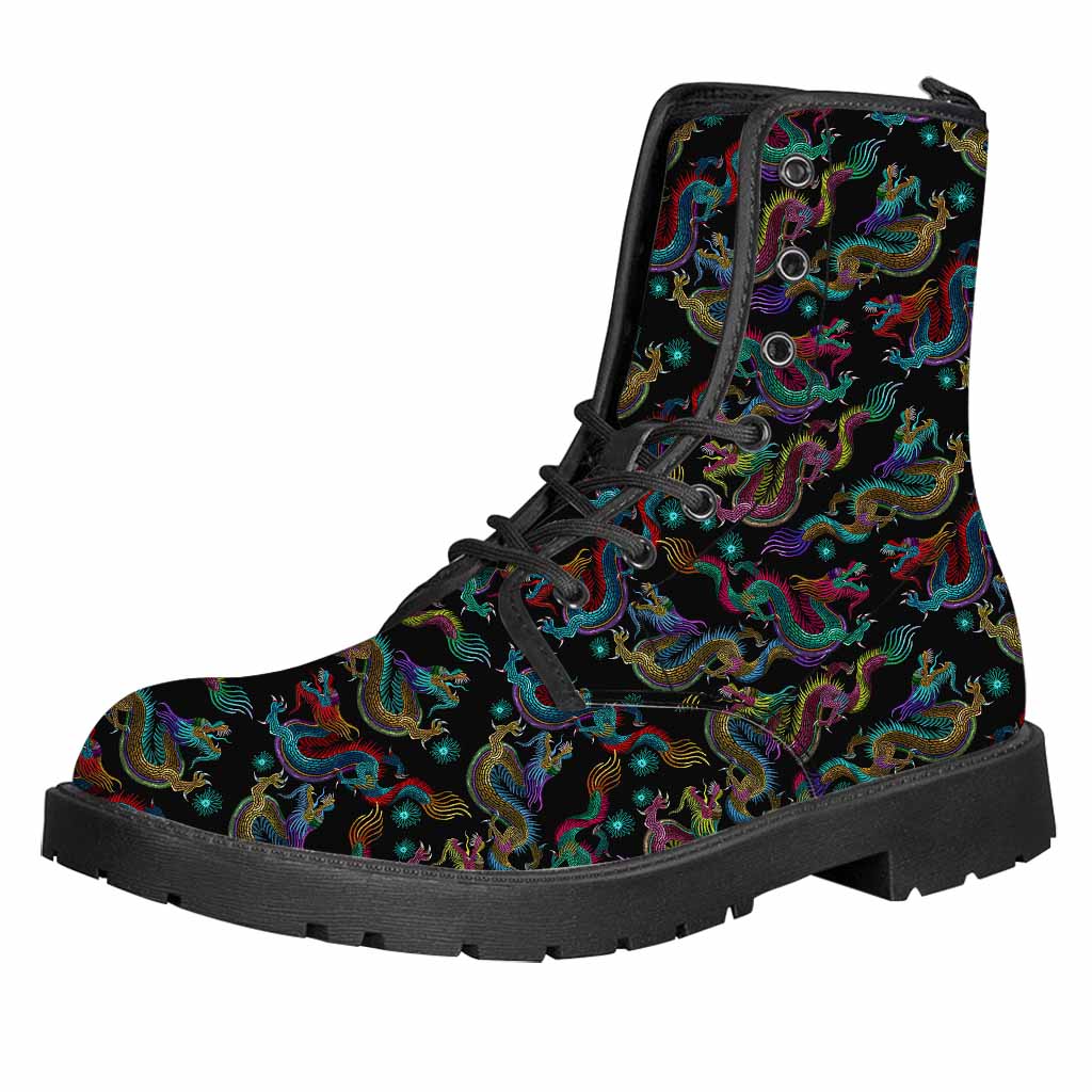 Chinese Dragon Pattern Print Leather Boots