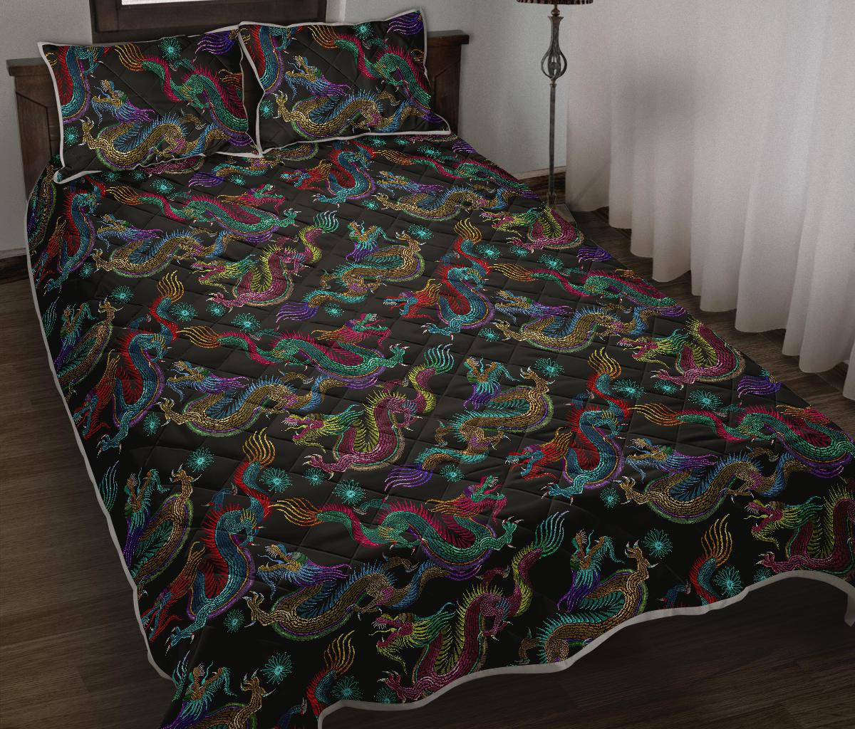 Chinese Dragon Pattern Print Quilt Bed Set