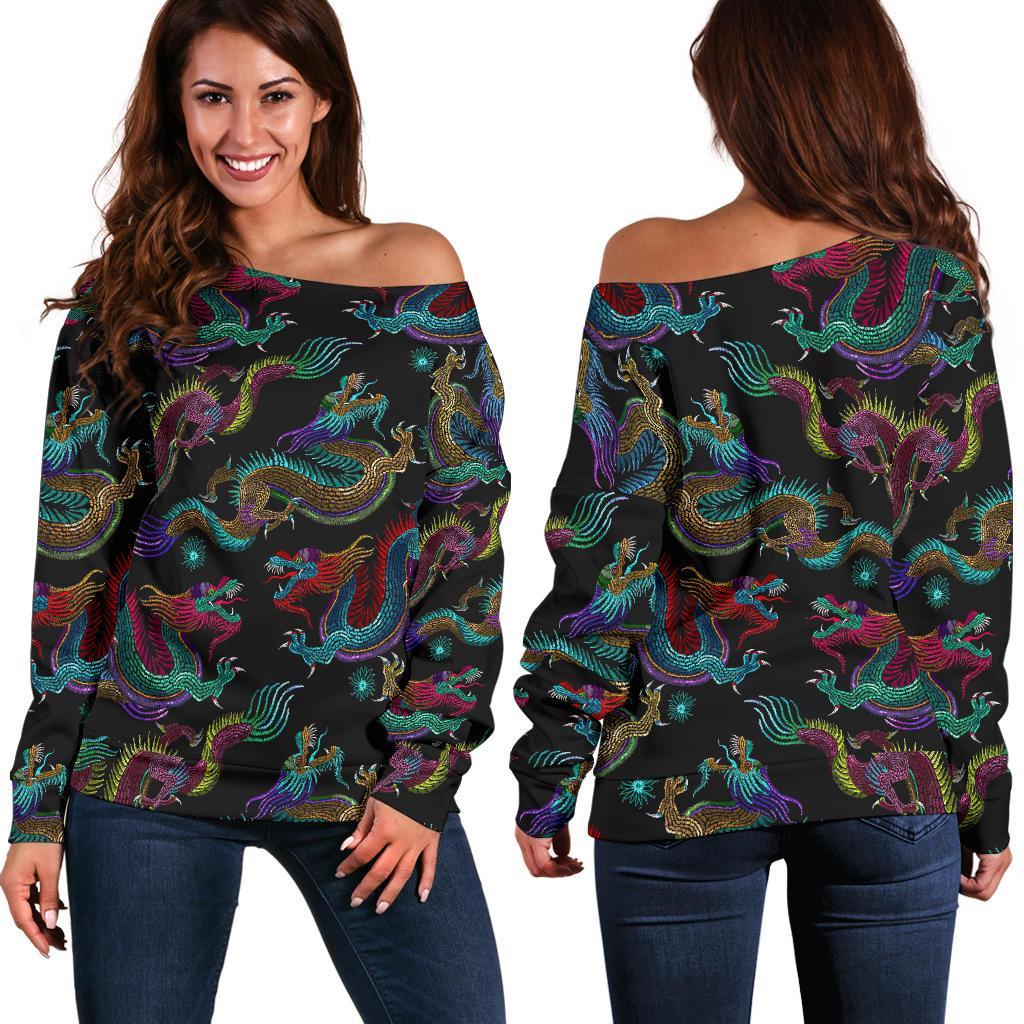 Chinese Dragon Pattern Print Women's Off-Shoulder Sweatshirt