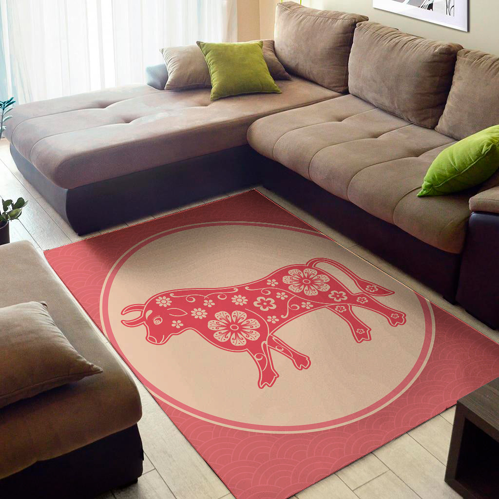 Chinese Flower Ox Zodiac Print Area Rug