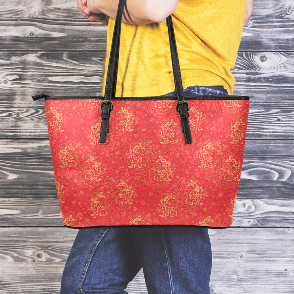 Chinese Koi Fish Pattern Print Leather Tote Bag