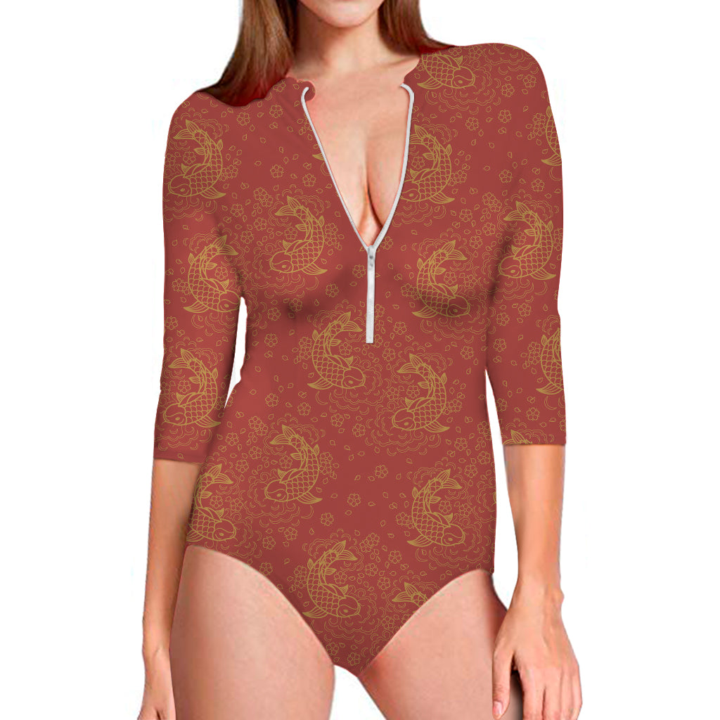 Chinese Koi Fish Pattern Print Long Sleeve One Piece Swimsuit