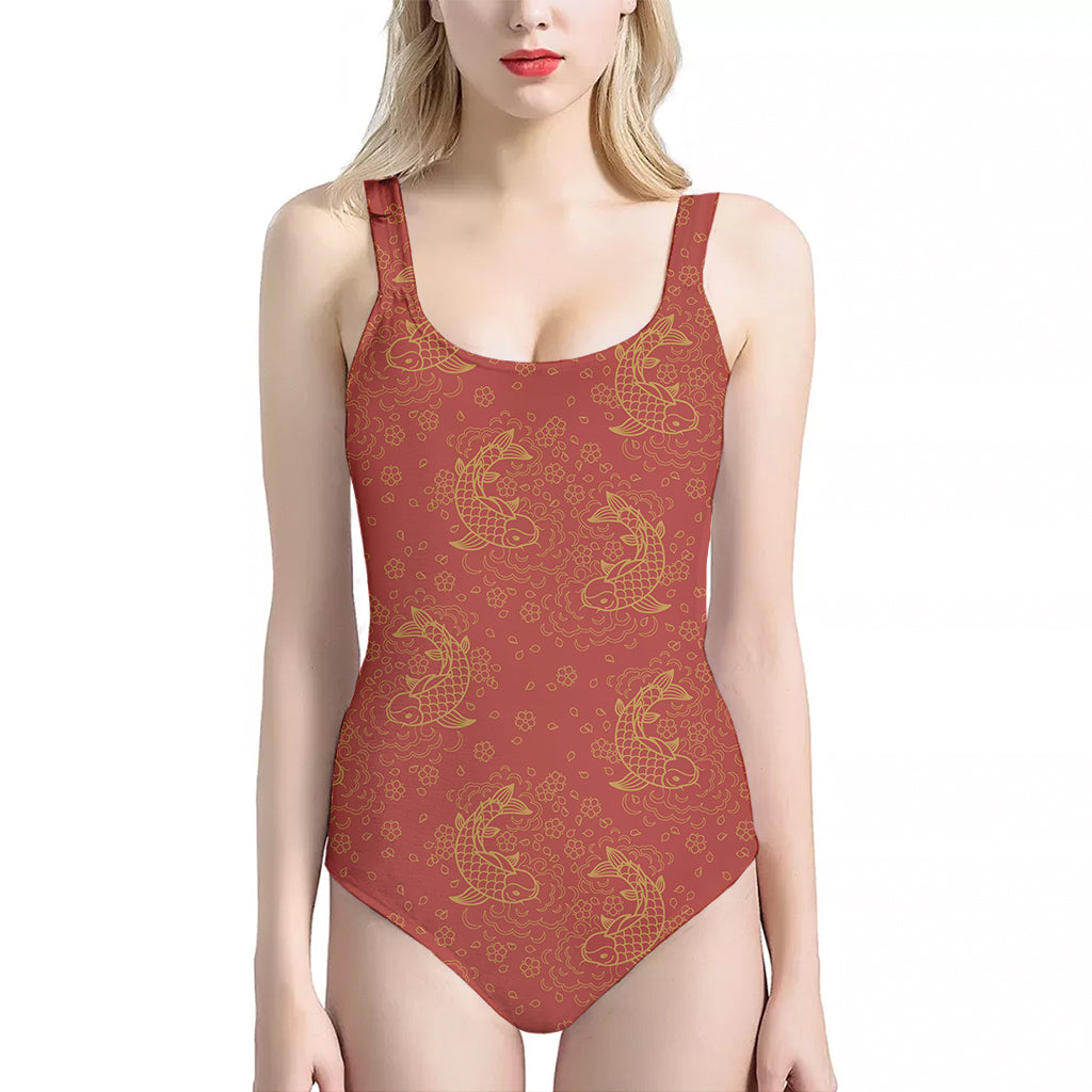 Chinese Koi Fish Pattern Print One Piece Halter Neck Swimsuit