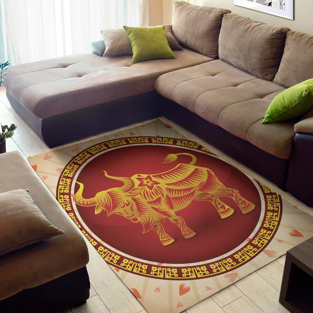 Chinese Ox Zodiac Sign Print Area Rug