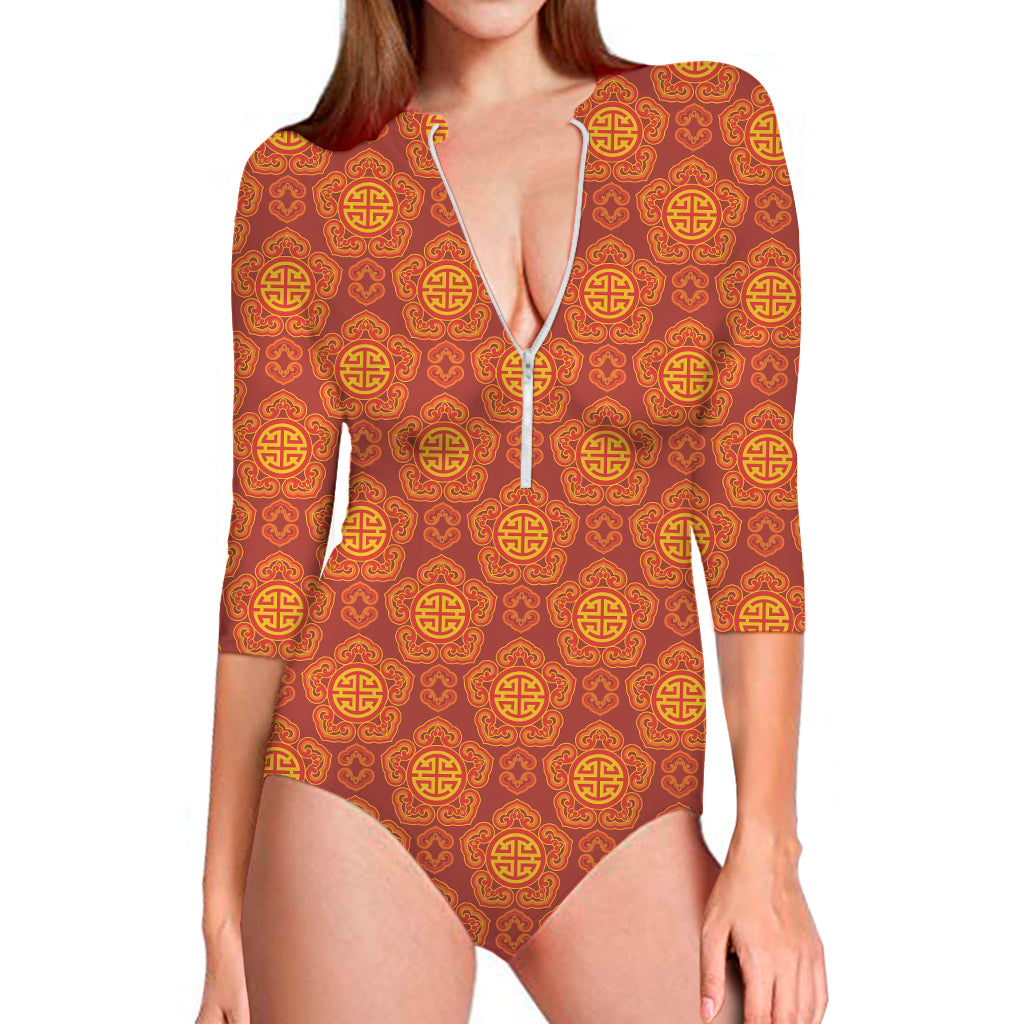 Chinese Prosperity Symbol Pattern Print Long Sleeve One Piece Swimsuit