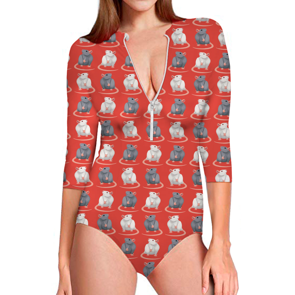 Chinese Rat Zodiac Pattern Print Long Sleeve One Piece Swimsuit