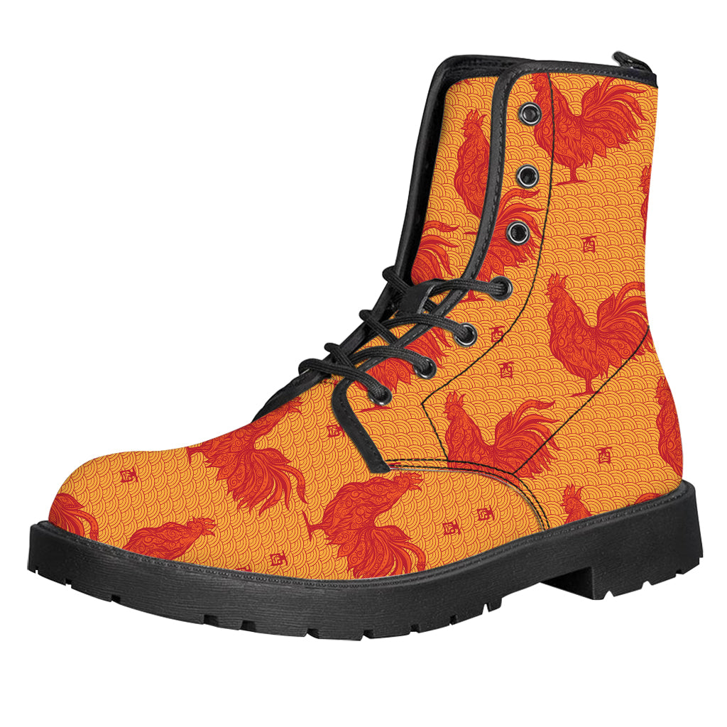Chinese Rooster Pattern Print Leather Boots