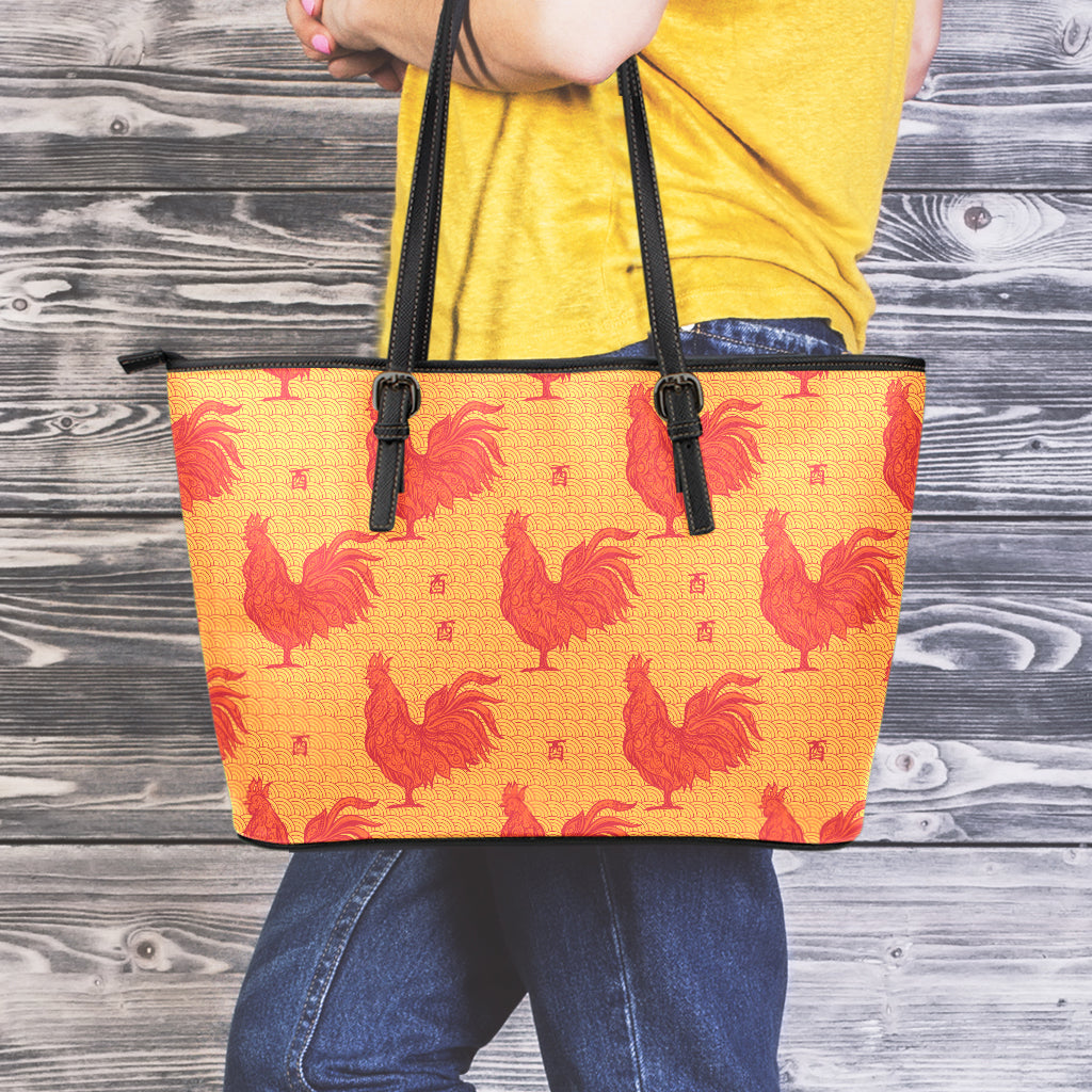 Chinese Rooster Pattern Print Leather Tote Bag