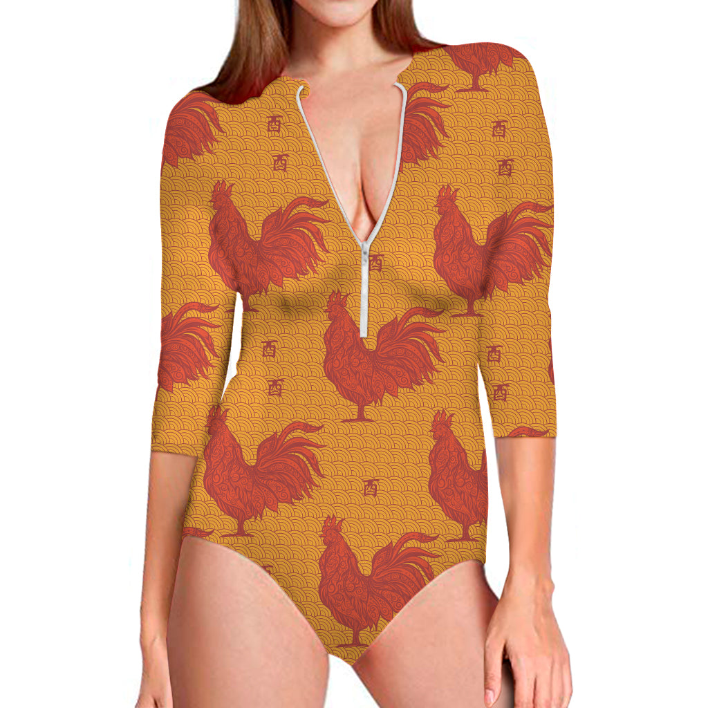 Chinese Rooster Pattern Print Long Sleeve One Piece Swimsuit