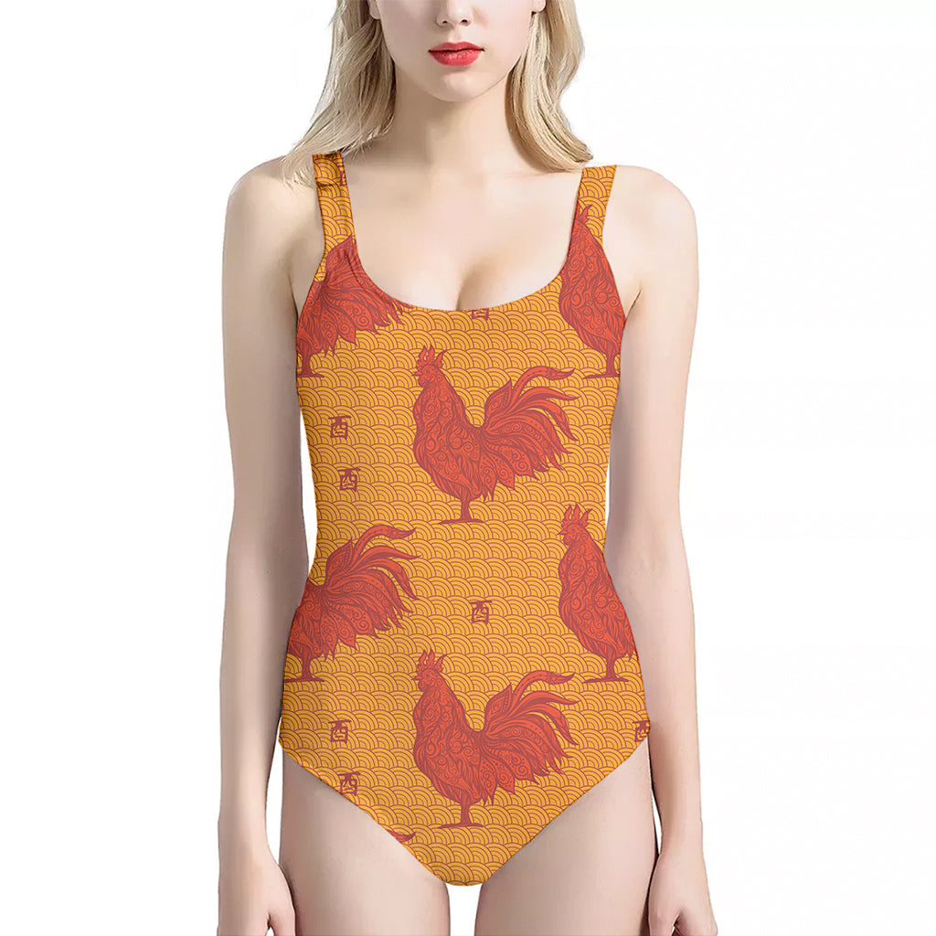 Chinese Rooster Pattern Print One Piece Halter Neck Swimsuit