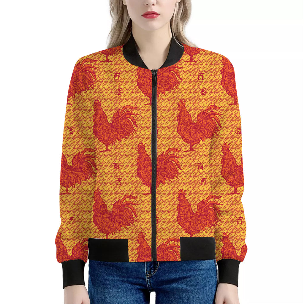 Chinese Rooster Pattern Print Women's Bomber Jacket