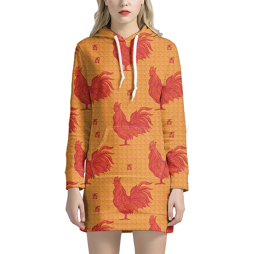 Chinese Rooster Pattern Print Women's Pullover Hoodie Dress