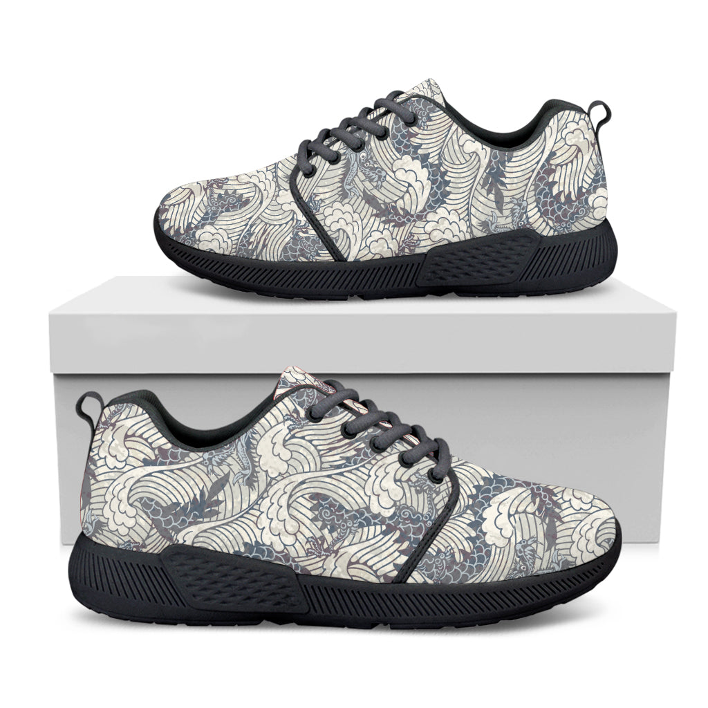 Chinese Sea Dragon Pattern Print Black Athletic Shoes