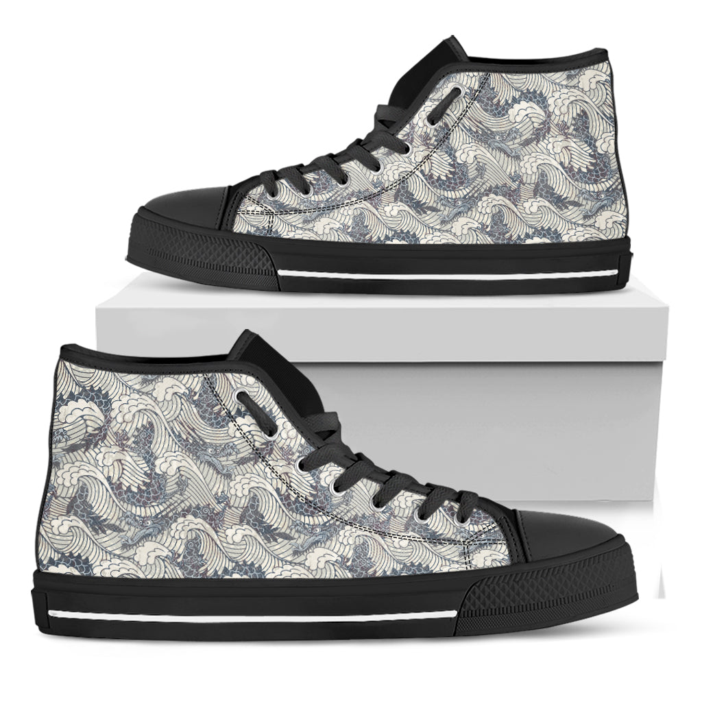 Chinese Sea Dragon Pattern Print Black High Top Shoes