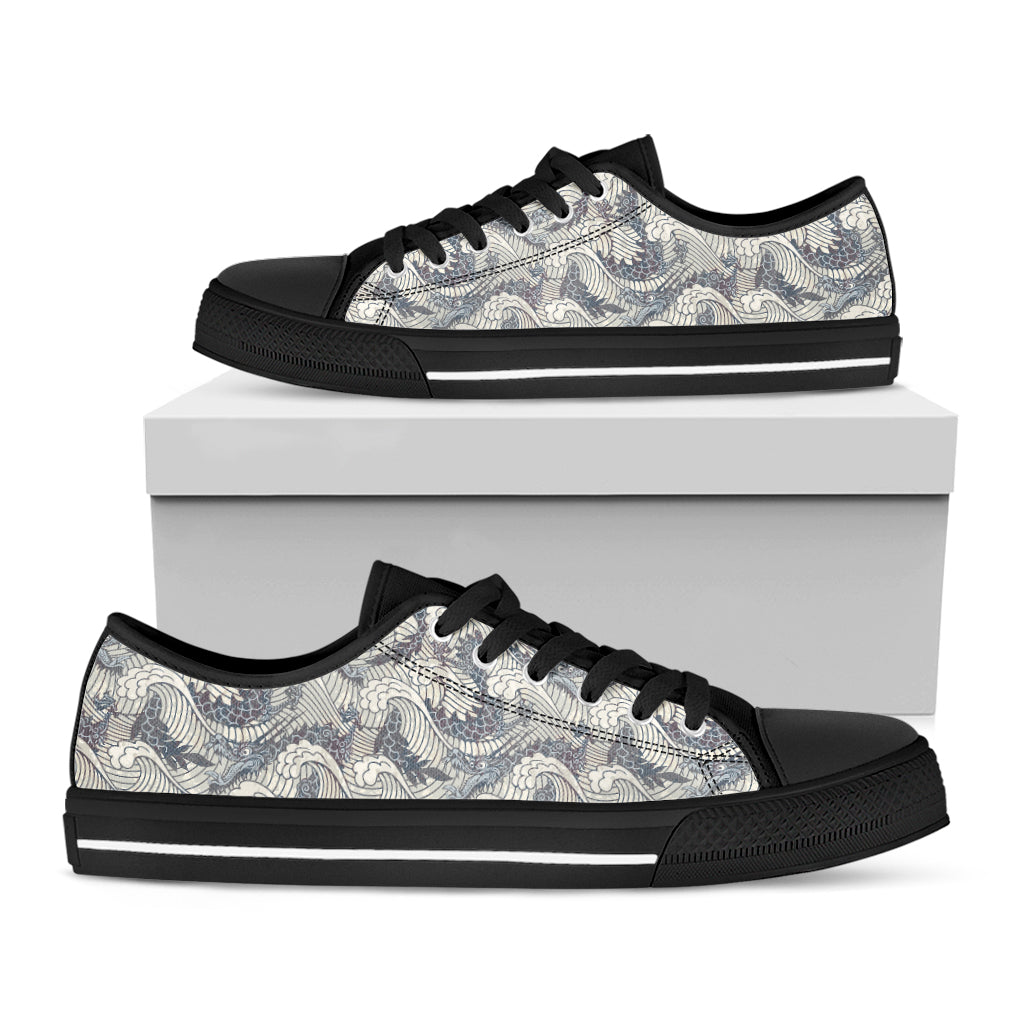 Chinese Sea Dragon Pattern Print Black Low Top Shoes