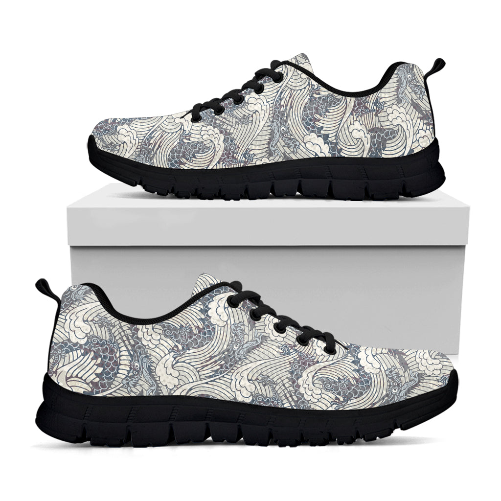 Chinese Sea Dragon Pattern Print Black Sneakers