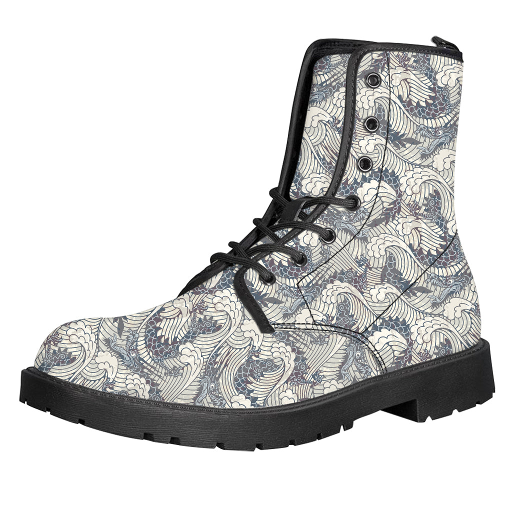 Chinese Sea Dragon Pattern Print Leather Boots