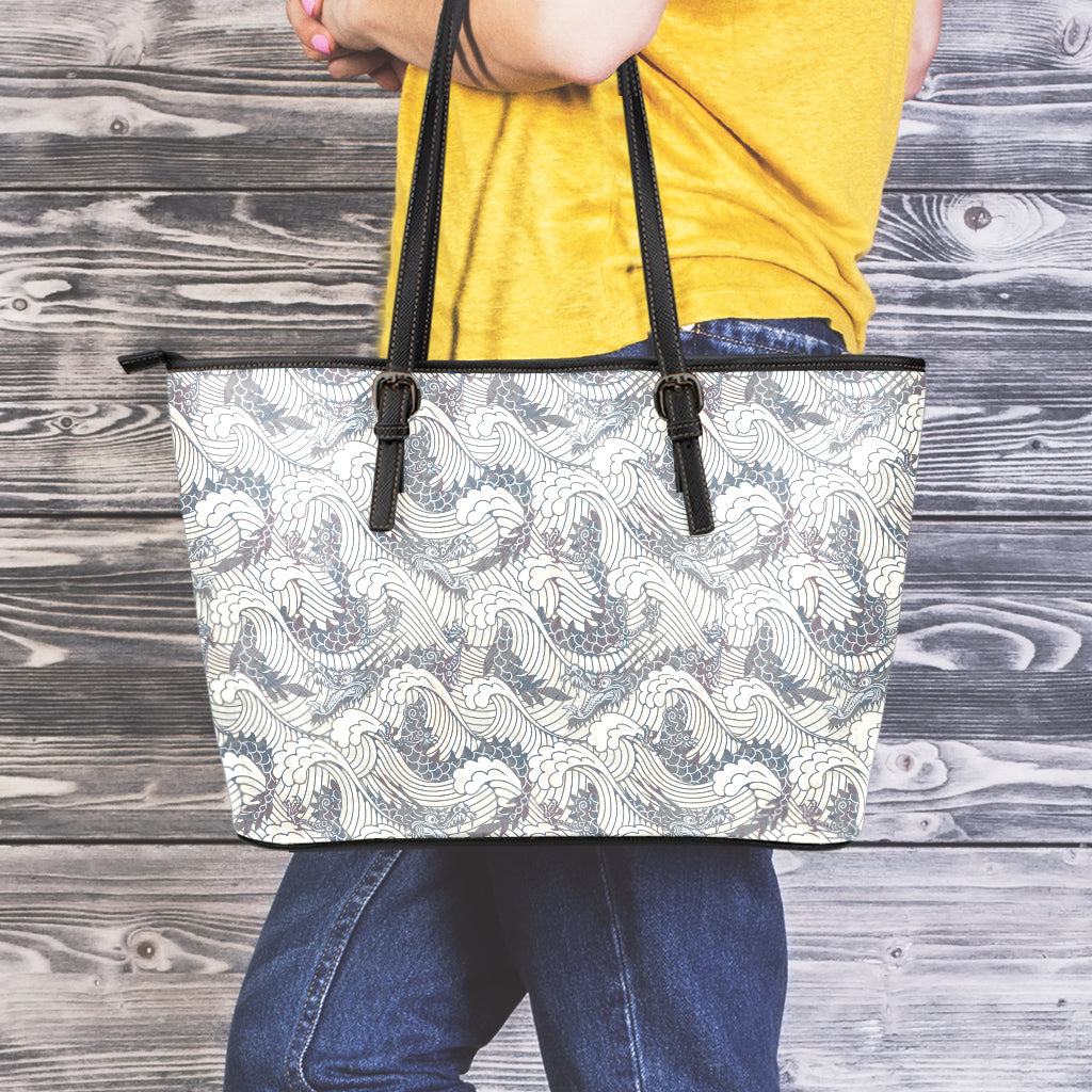 Chinese Sea Dragon Pattern Print Leather Tote Bag