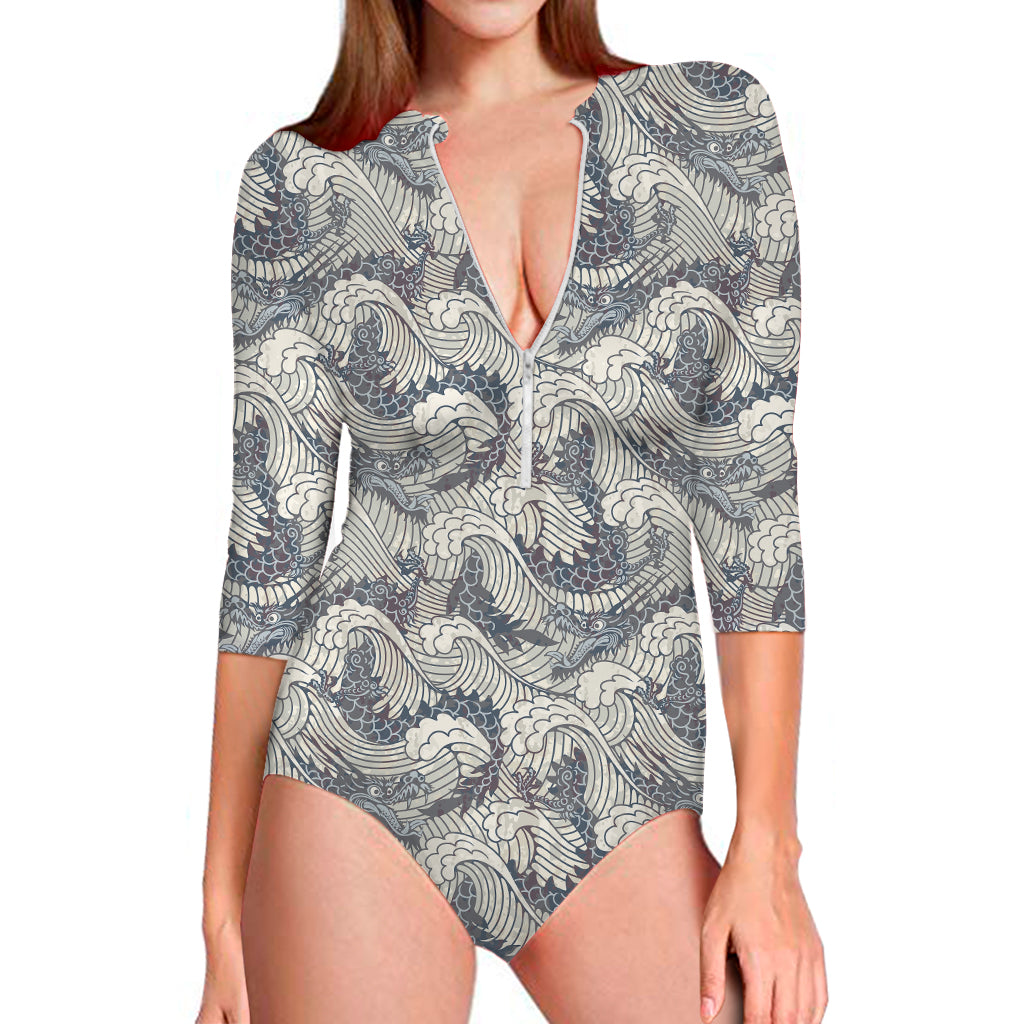 Chinese Sea Dragon Pattern Print Long Sleeve One Piece Swimsuit