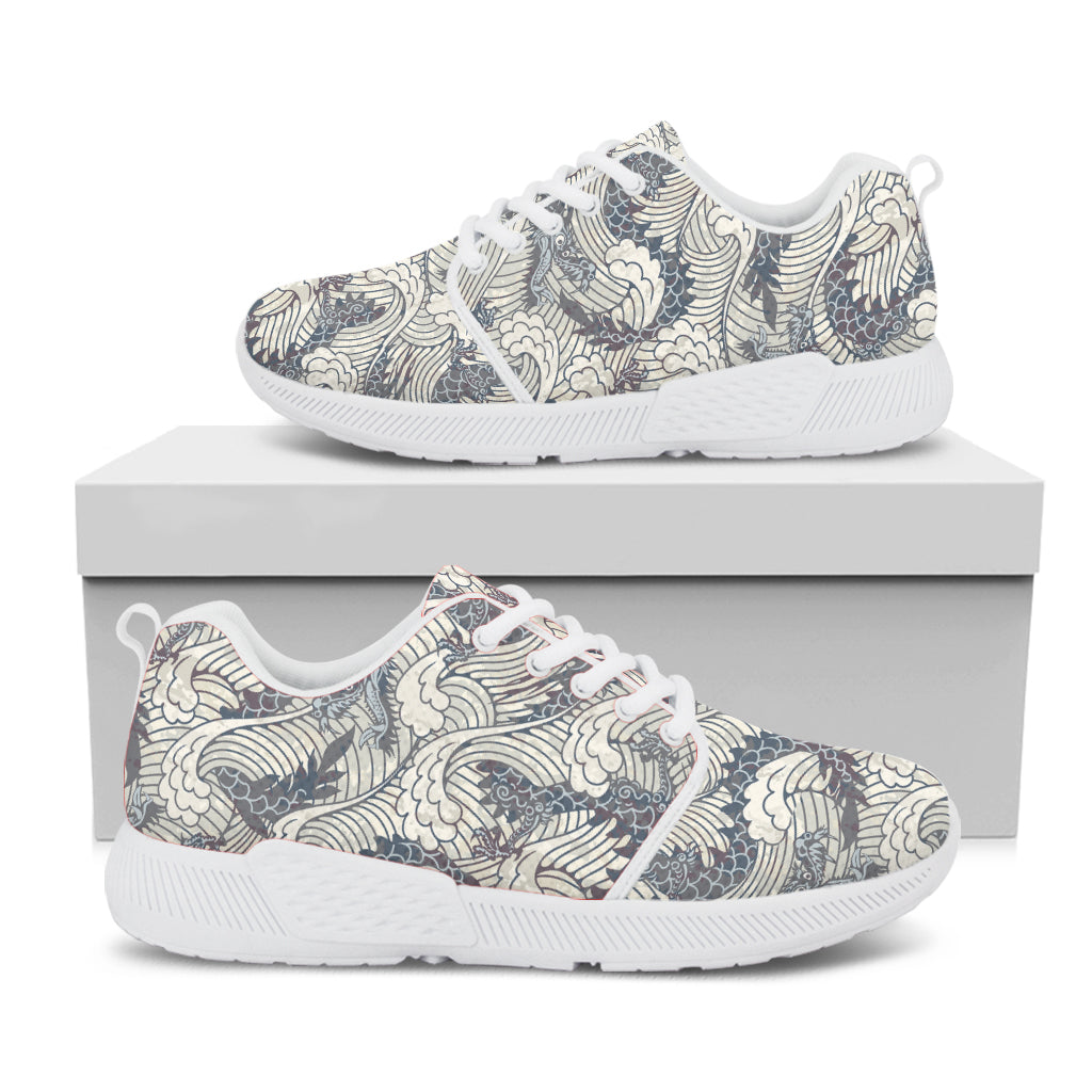 Chinese Sea Dragon Pattern Print White Athletic Shoes